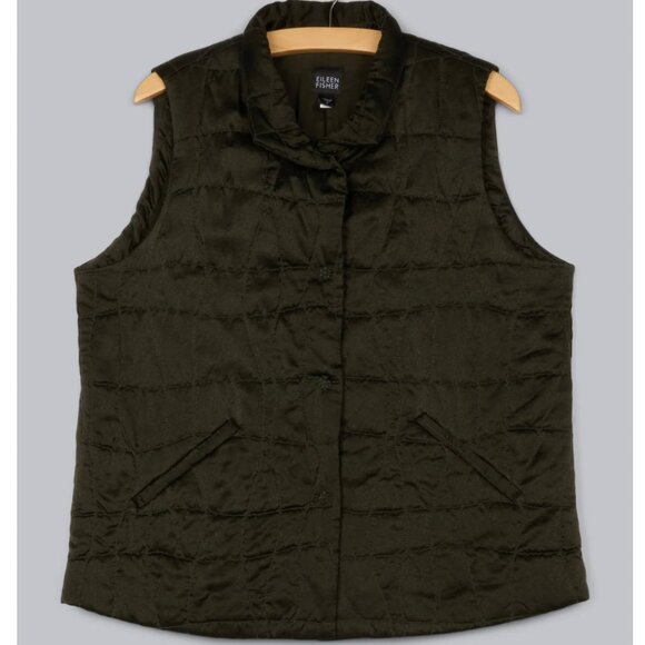 Eileen Fisher Jackets & Blazers - EILEEN FISHER Quilted 100% Silk Filigree Jacquard Vest Dark Green